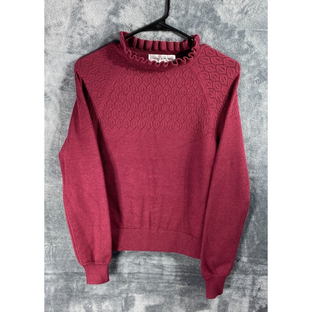 Chelsea Theodore Sweater Women XS Boho Pointelle Ruffle Neck Knit Cottagecore